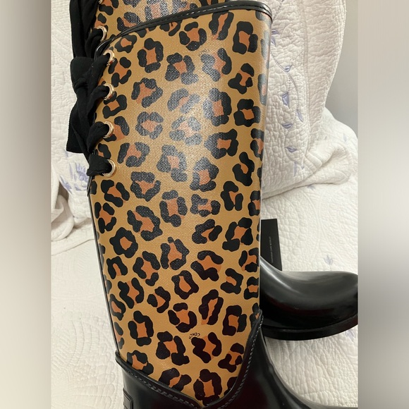 COACH Leopard/Solid Black Rain Boots with Gold Coach Grommets, Black/Gold Laces - Picture 15 of 16